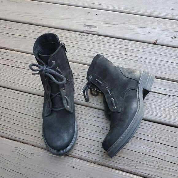 Bueno Getty Black Nubuck Suede Leather Lace-up Chunky Combat Military Moto Boots - Picture 5 of 9